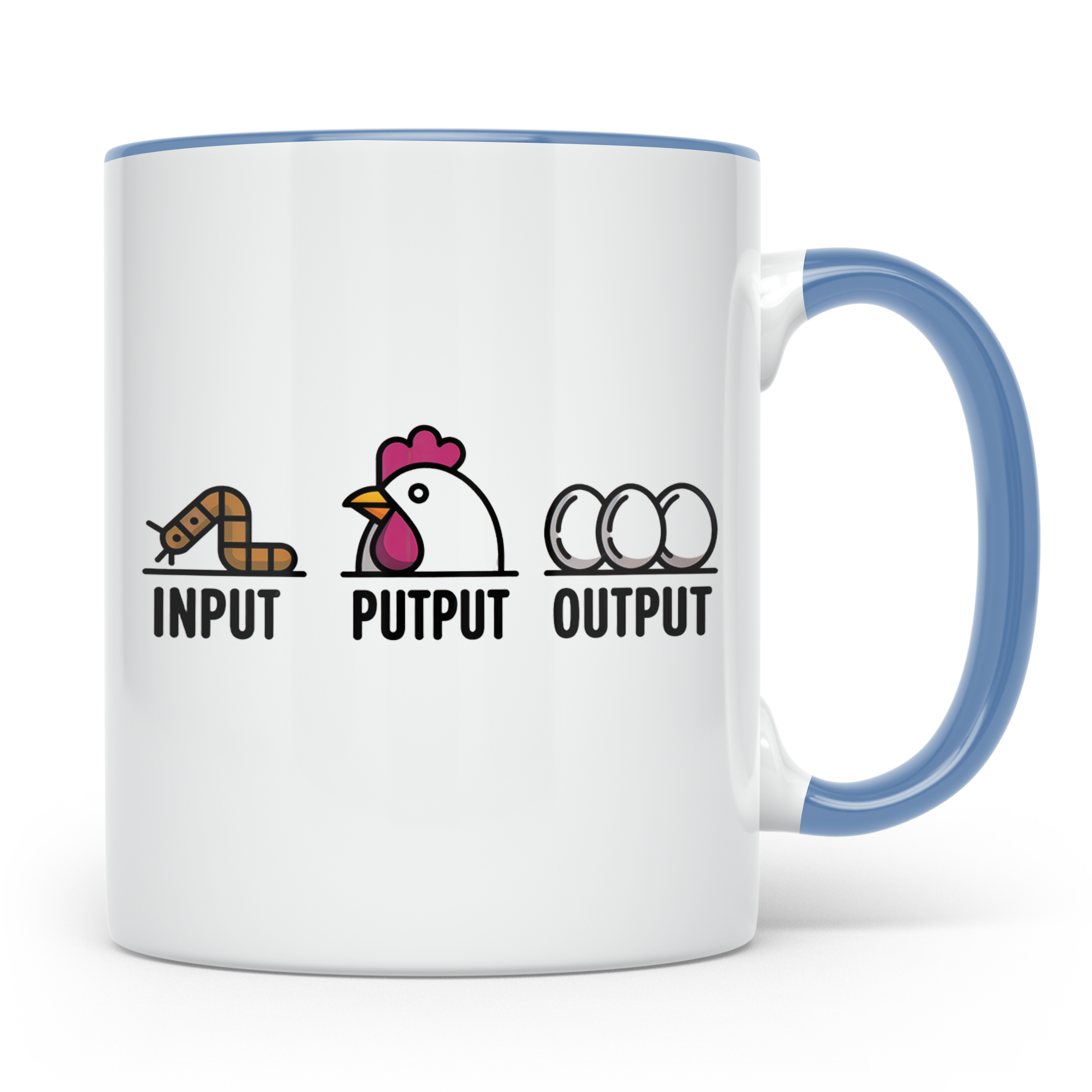 Hühner Tasse Input Output - Wurm Ei Kreislauf Bauernhof Land – Blau [farbe:blau]