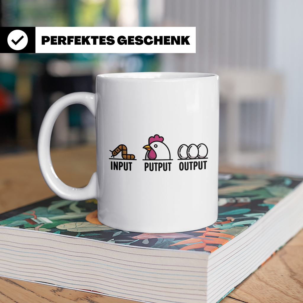 Hühner Tasse Input Output - Wurm Ei Kreislauf Bauernhof Land – Weiß [farbe:weiß]