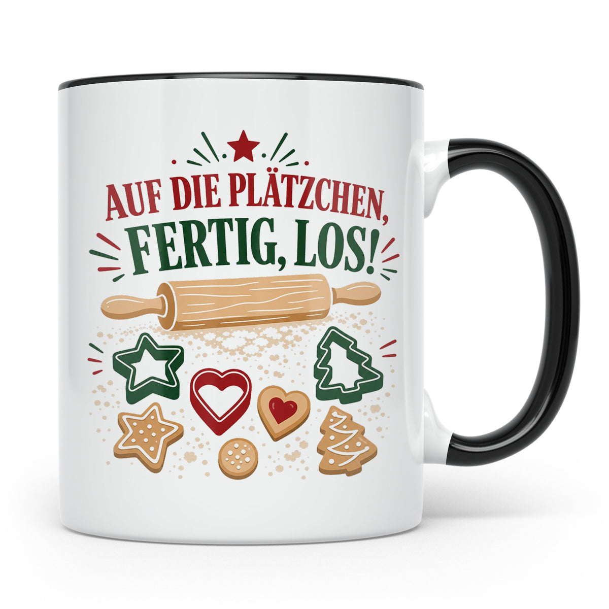 Weihnachtstasse Auf die Plätzchen fertig los - Lustige Tasse – Schwarz [farbe:schwarz]
