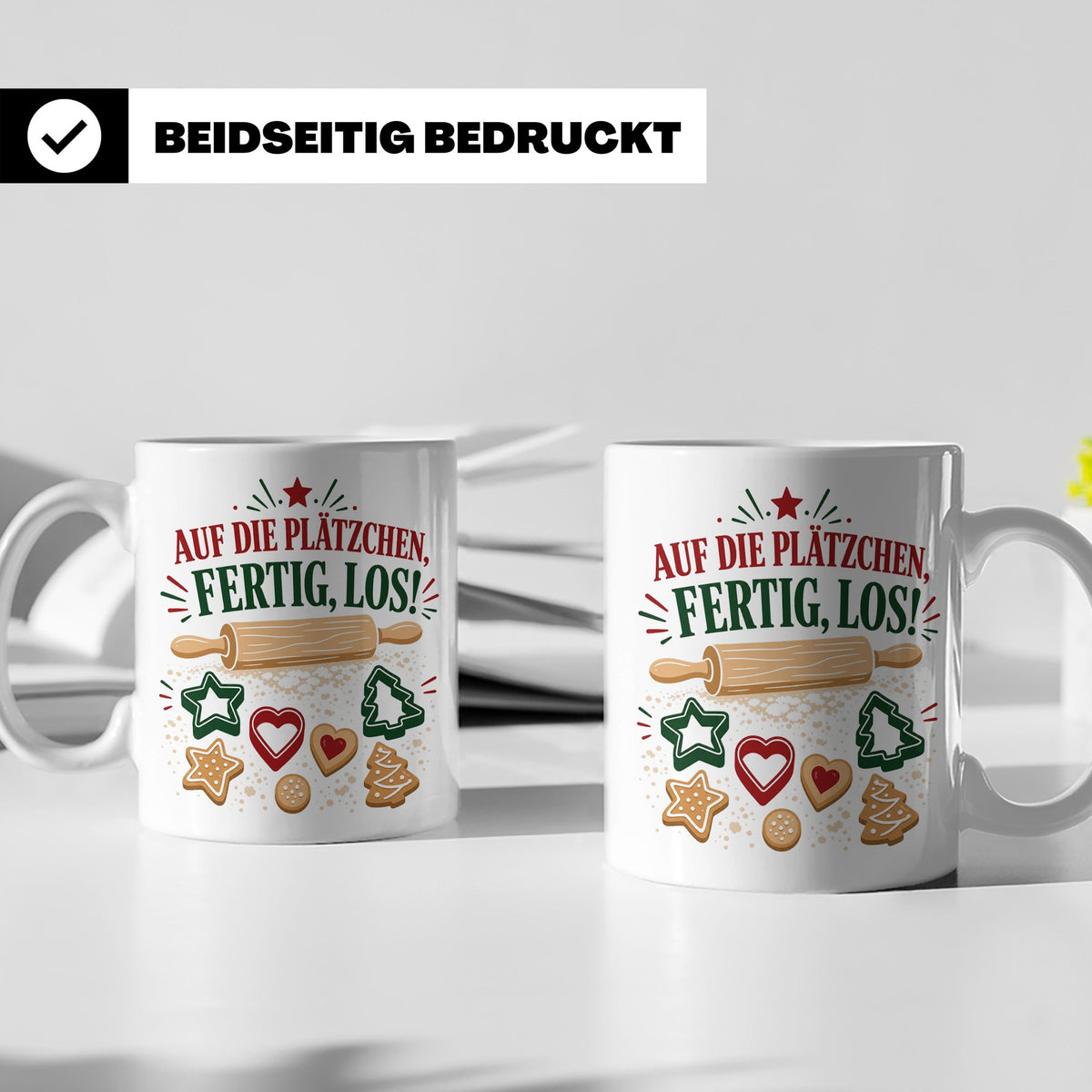 Weihnachtstasse Auf die Plätzchen fertig los - Lustige Tasse – Weiß [farbe:weiß]