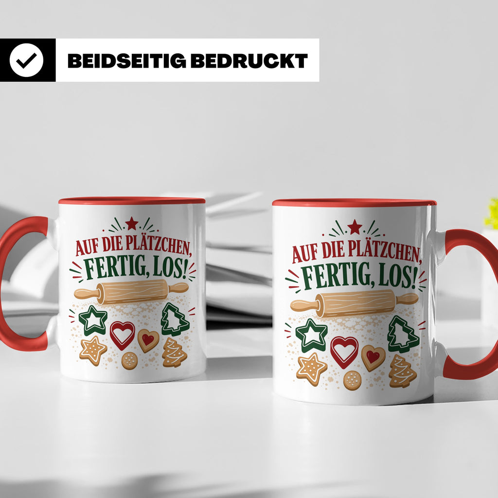 Weihnachtstasse Auf die Plätzchen fertig los - Lustige Tasse – Rot [farbe:rot]