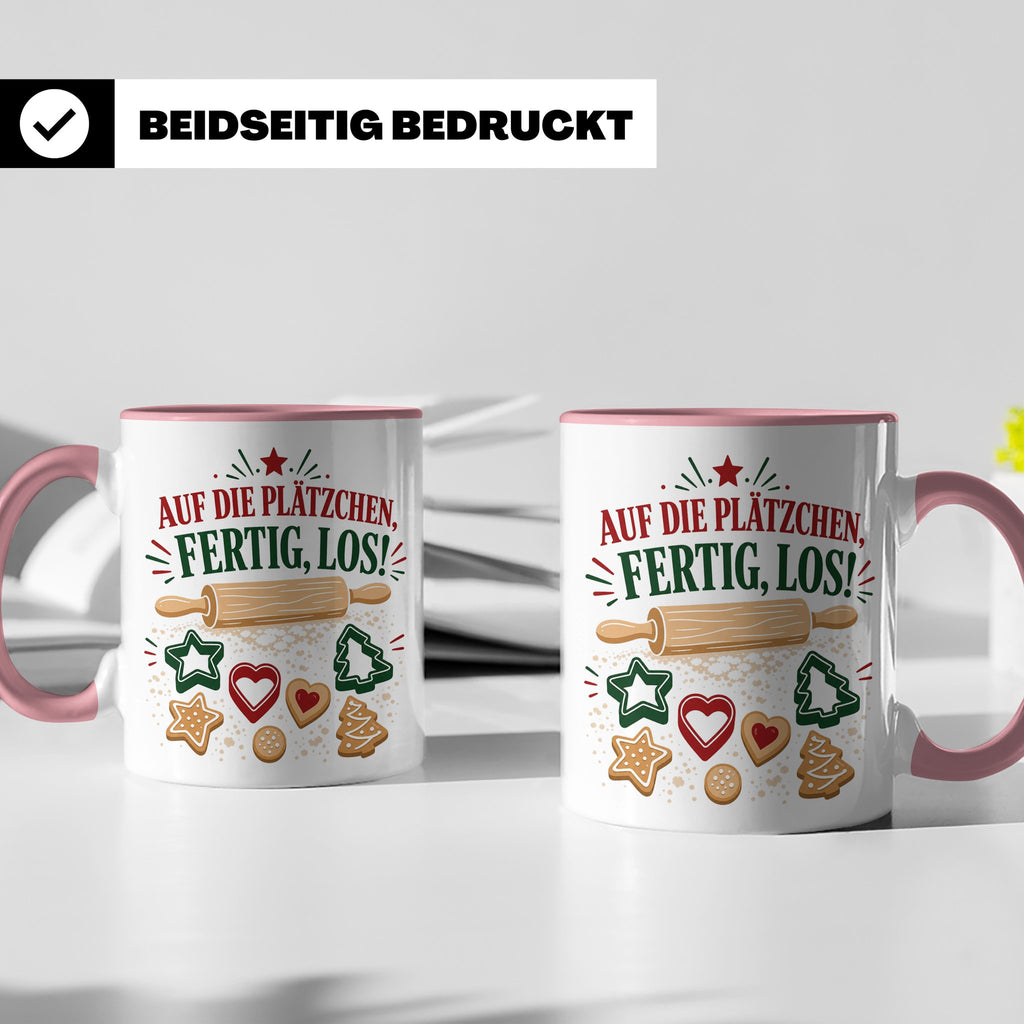 Weihnachtstasse Auf die Plätzchen fertig los - Lustige Tasse – Rosa [farbe:rosa]