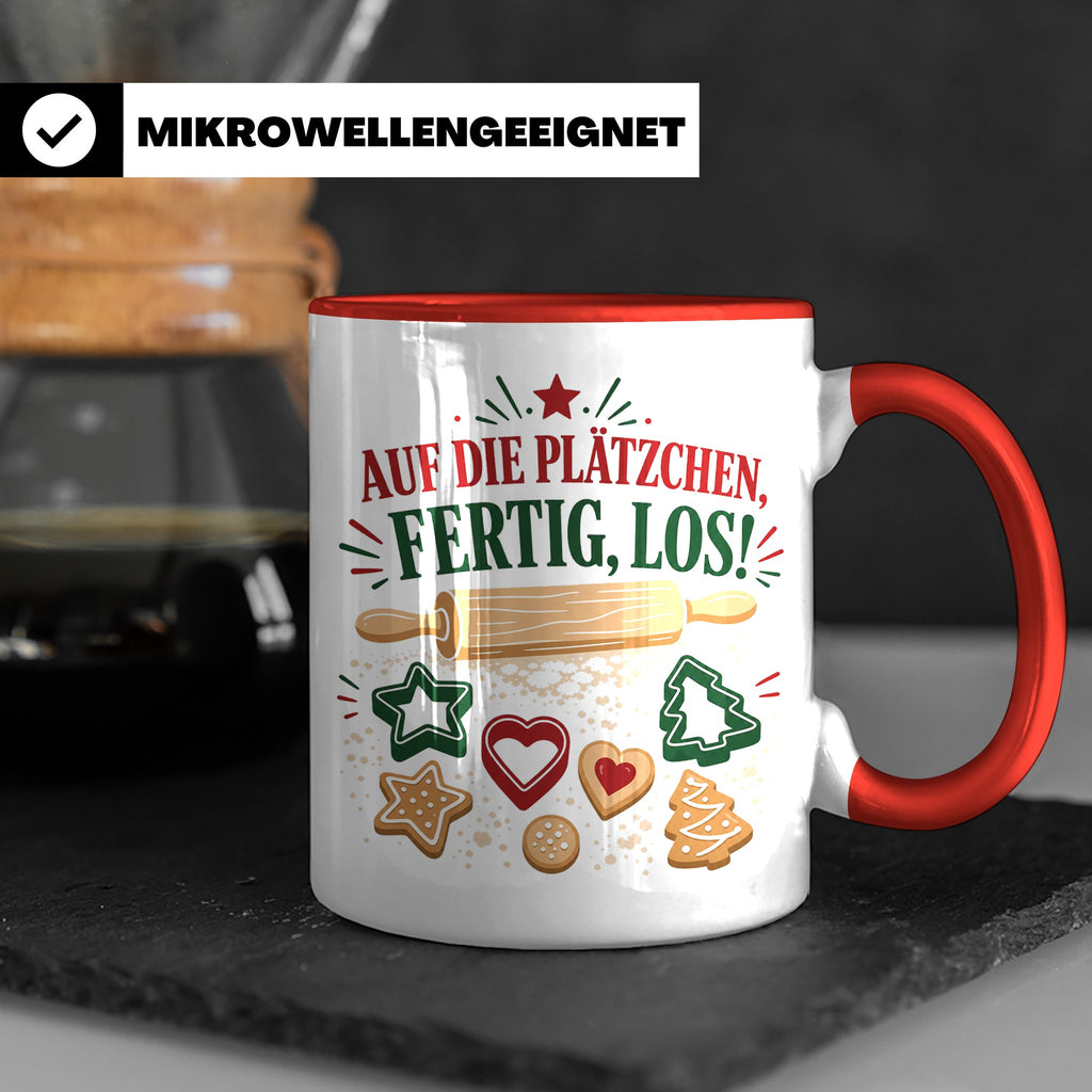 Weihnachtstasse Auf die Plätzchen fertig los - Lustige Tasse – Rot [farbe:rot]