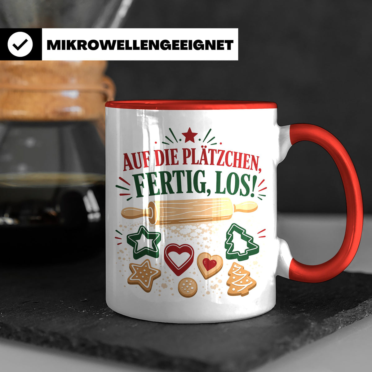 Weihnachtstasse Auf die Plätzchen fertig los - Lustige Tasse – Rot [farbe:rot]