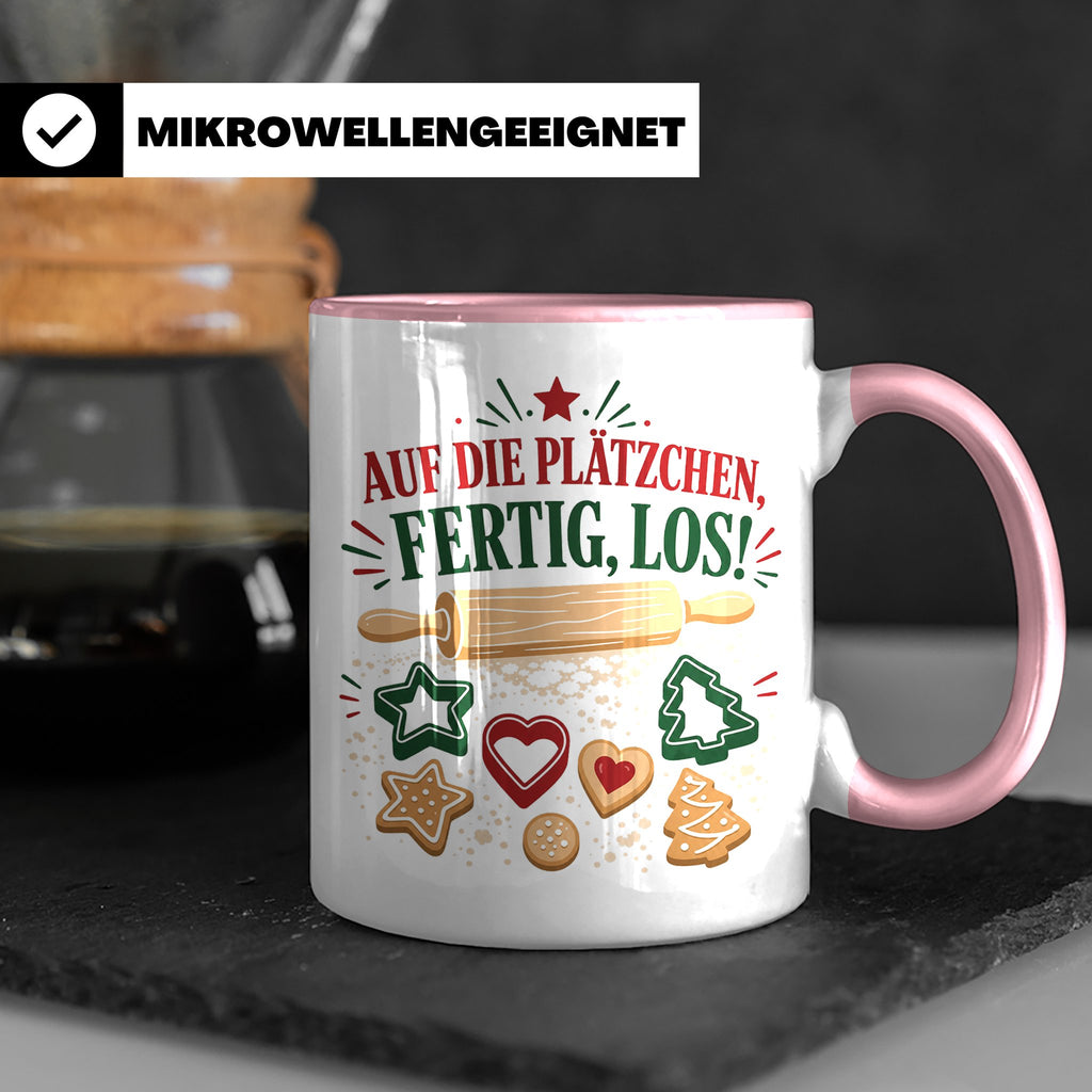 Weihnachtstasse Auf die Plätzchen fertig los - Lustige Tasse – Rosa [farbe:rosa]