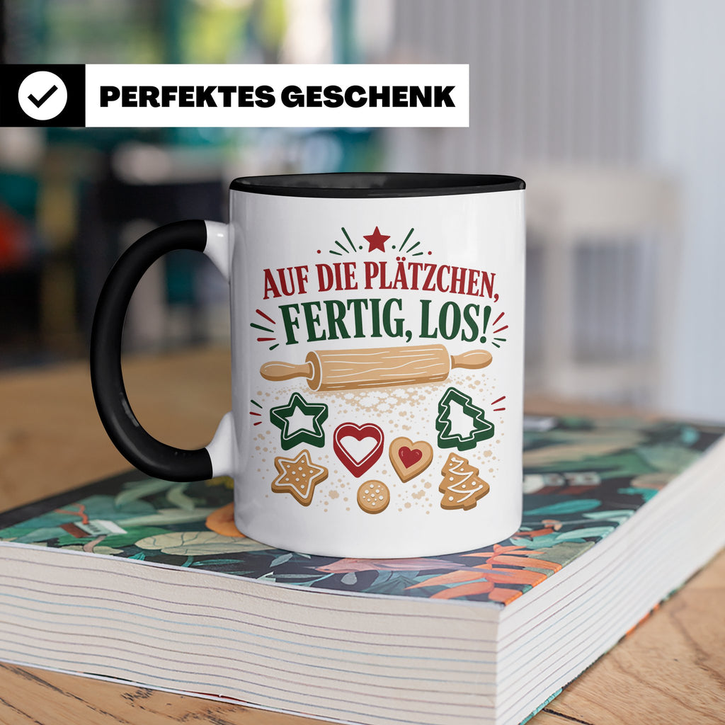 Weihnachtstasse Auf die Plätzchen fertig los - Lustige Tasse – Schwarz [farbe:schwarz]