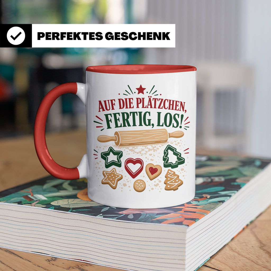 Weihnachtstasse Auf die Plätzchen fertig los - Lustige Tasse – Rot [farbe:rot]