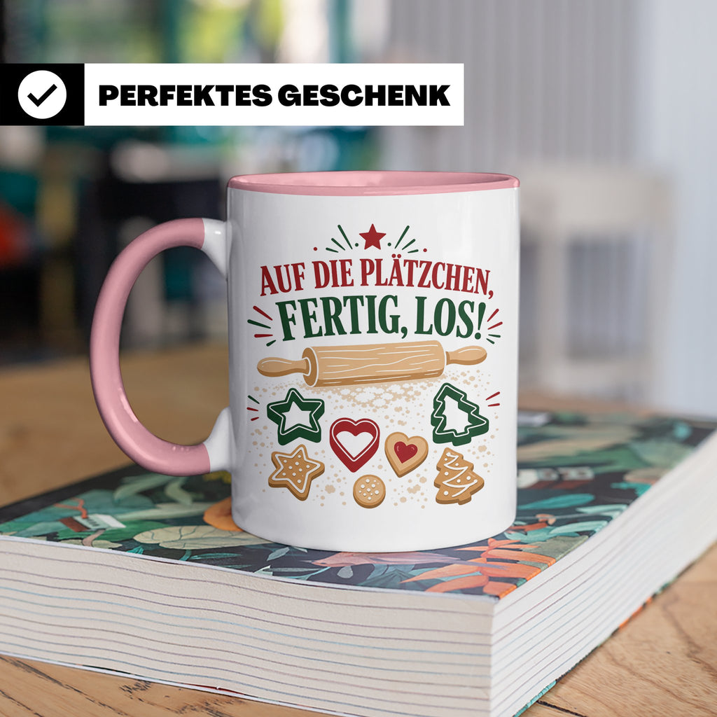 Weihnachtstasse Auf die Plätzchen fertig los - Lustige Tasse – Rosa [farbe:rosa]