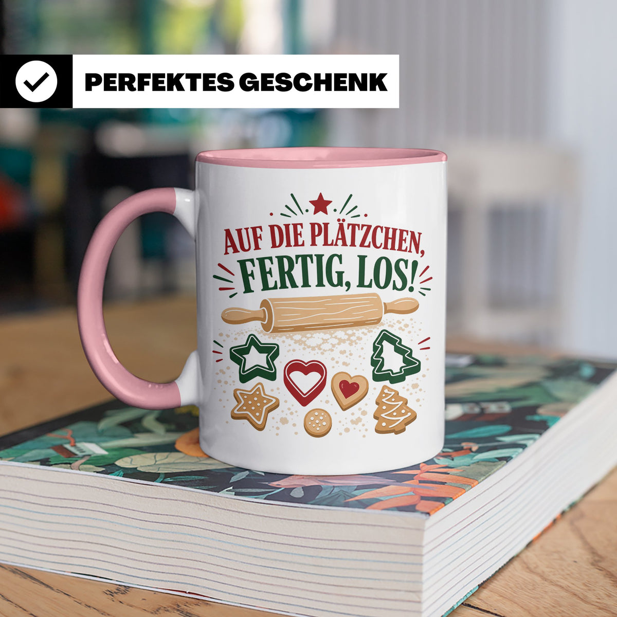Weihnachtstasse Auf die Plätzchen fertig los - Lustige Tasse – Rosa [farbe:rosa]