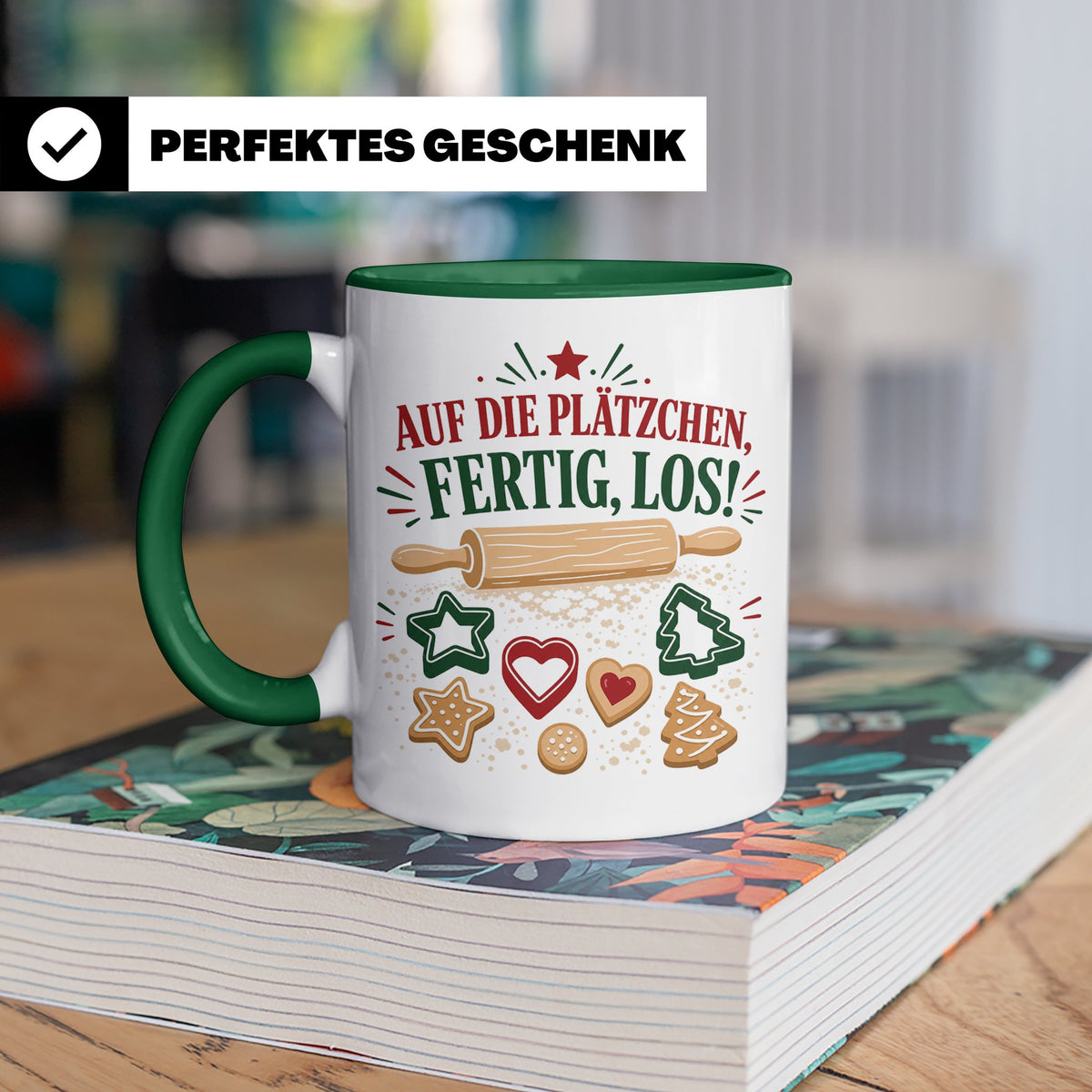 Weihnachtstasse Auf die Plätzchen fertig los - Lustige Tasse – Grün [farbe:grün]