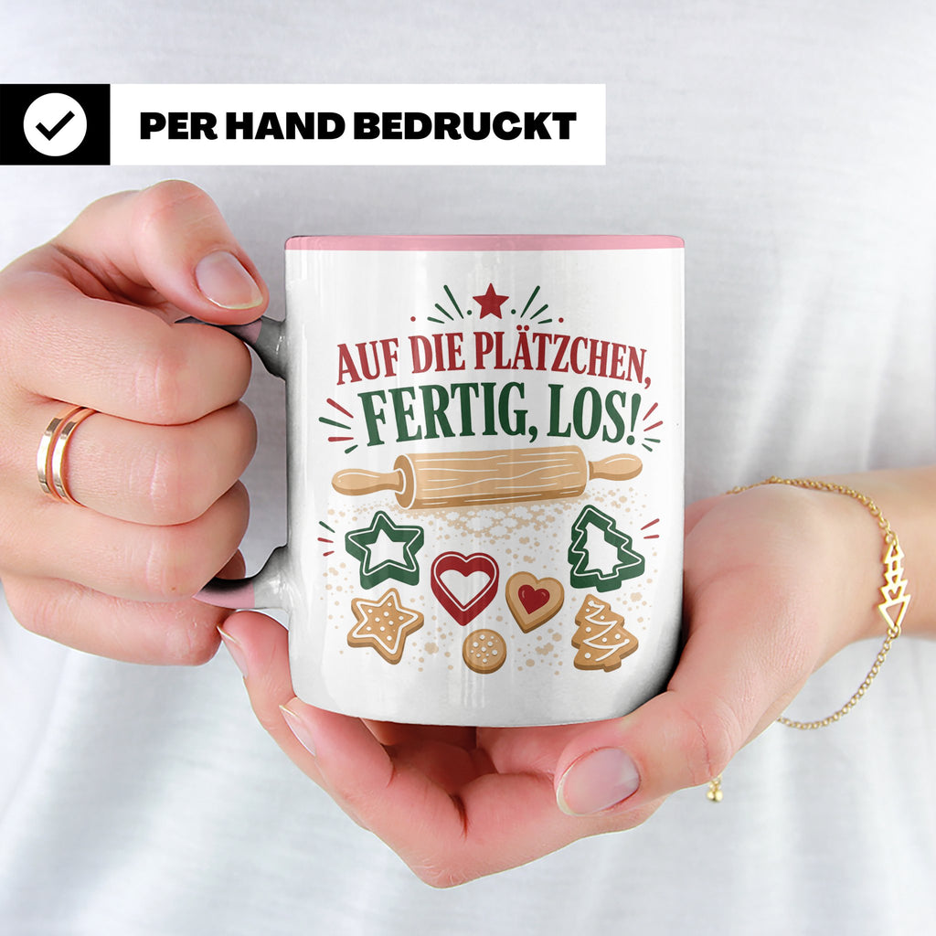 Weihnachtstasse Auf die Plätzchen fertig los - Lustige Tasse – Rosa [farbe:rosa]