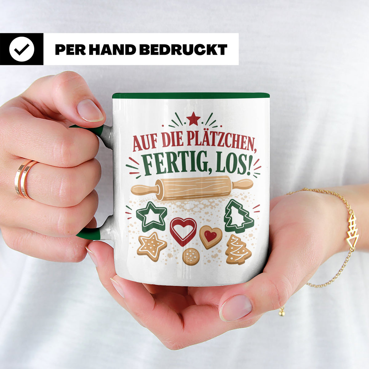 Weihnachtstasse Auf die Plätzchen fertig los - Lustige Tasse – Grün [farbe:grün]