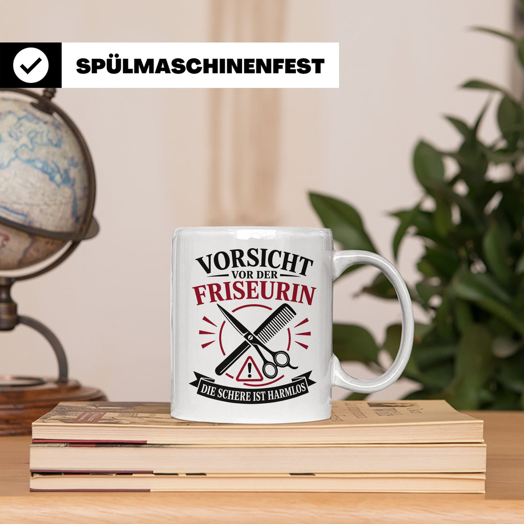 Friseurin Tasse Vorsicht vor der Friseurin die Schere ist ha – Weiß [farbe:weiß]