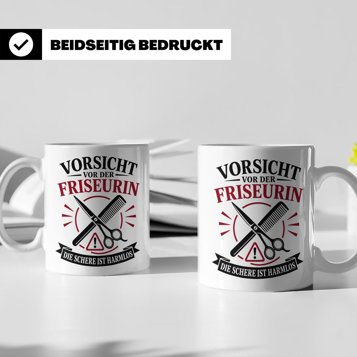 Friseurin Tasse Vorsicht vor der Friseurin die Schere ist ha – Weiß [farbe:weiß]