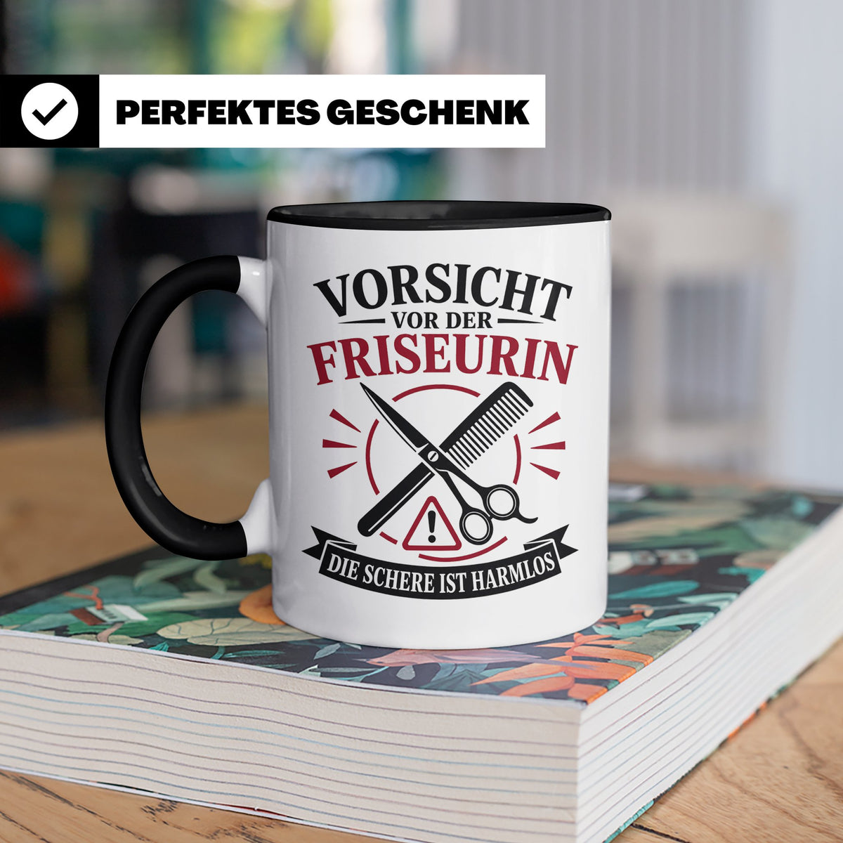 Friseurin Tasse Vorsicht vor der Friseurin die Schere ist ha – Schwarz [farbe:schwarz]