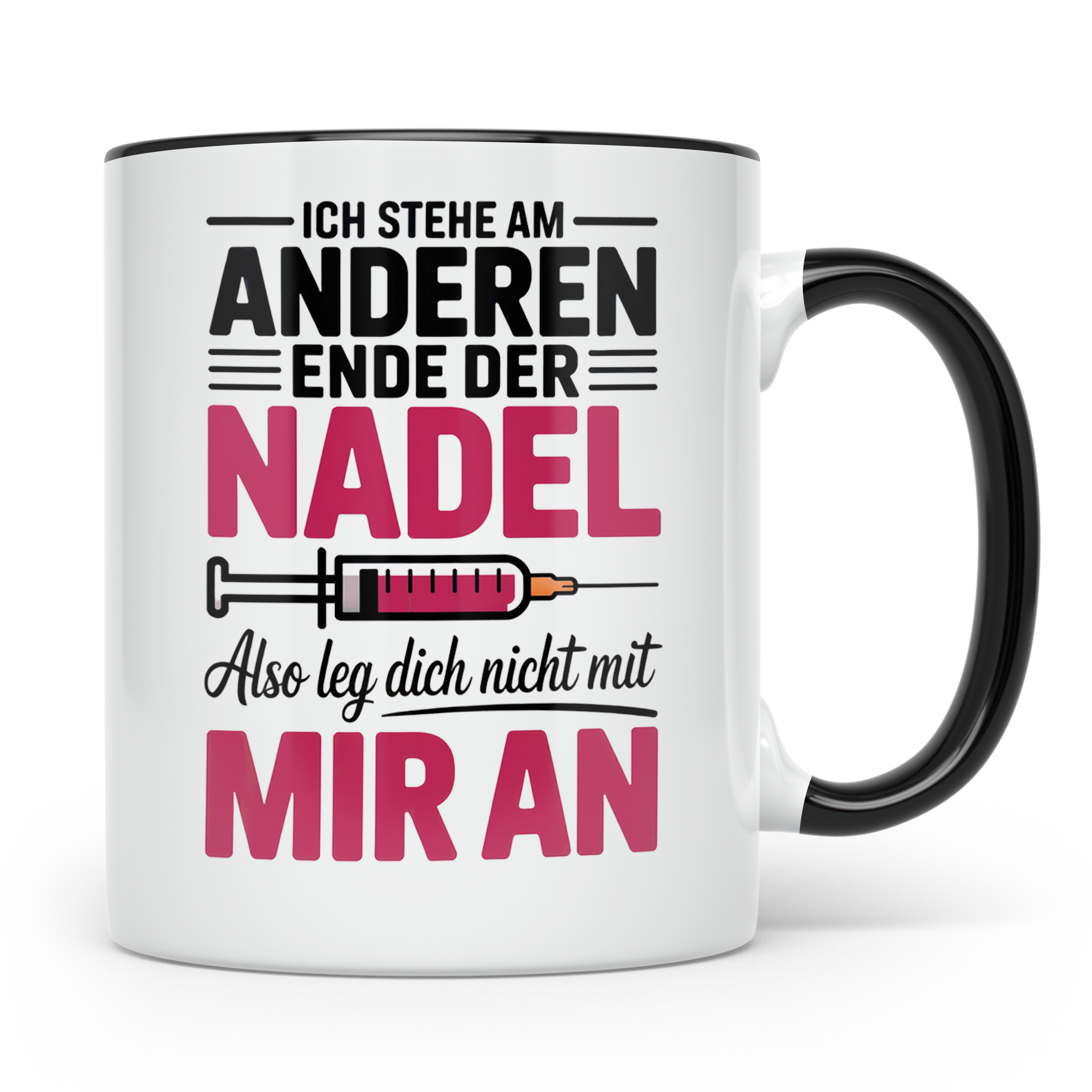 Ich stehe am anderen Ende der Nadel Tasse - Sprüche, Scherza – Schwarz [farbe:schwarz]