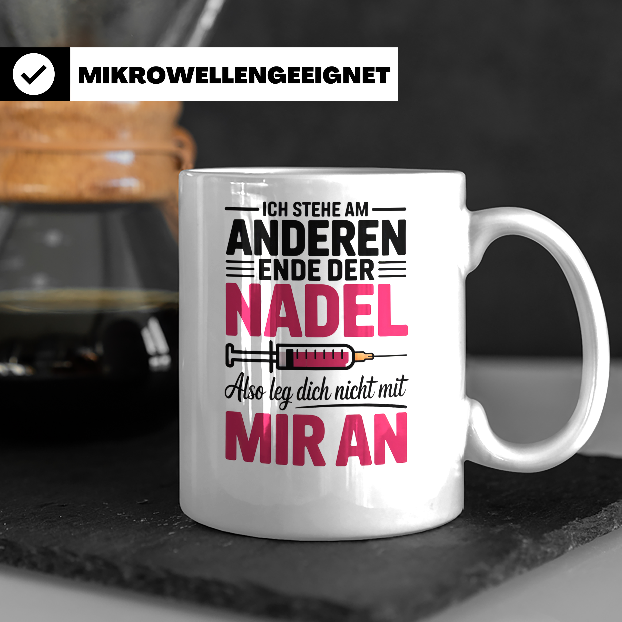 Ich stehe am anderen Ende der Nadel Tasse - Sprüche, Scherza – Weiß [farbe:weiß]