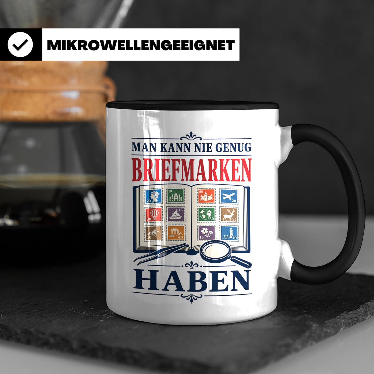Briefmarken Tasse Man kann nie genug Briefmarken haben - Ges – Schwarz [farbe:schwarz]