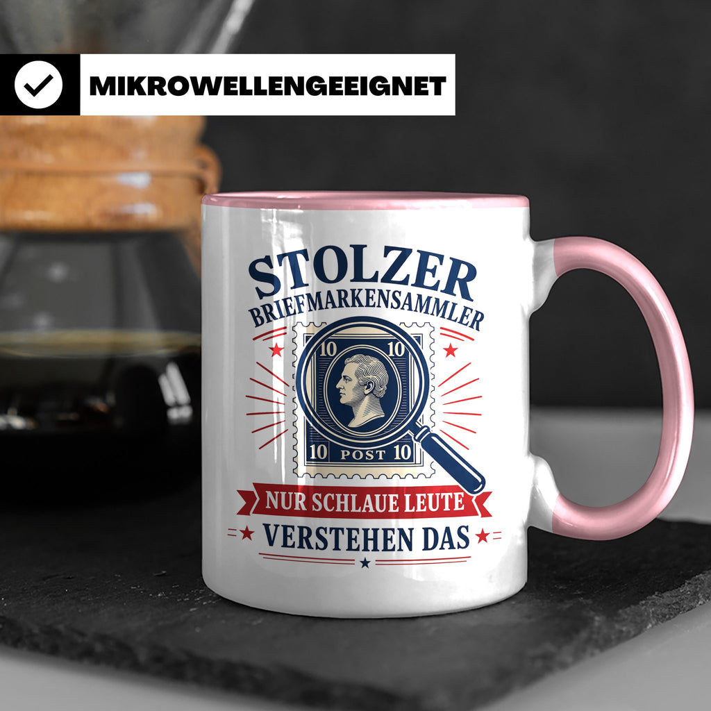 Briefmarken Tasse Stolzer Briefmarkensammler nur schlaue Leu – Rosa [farbe:rosa]