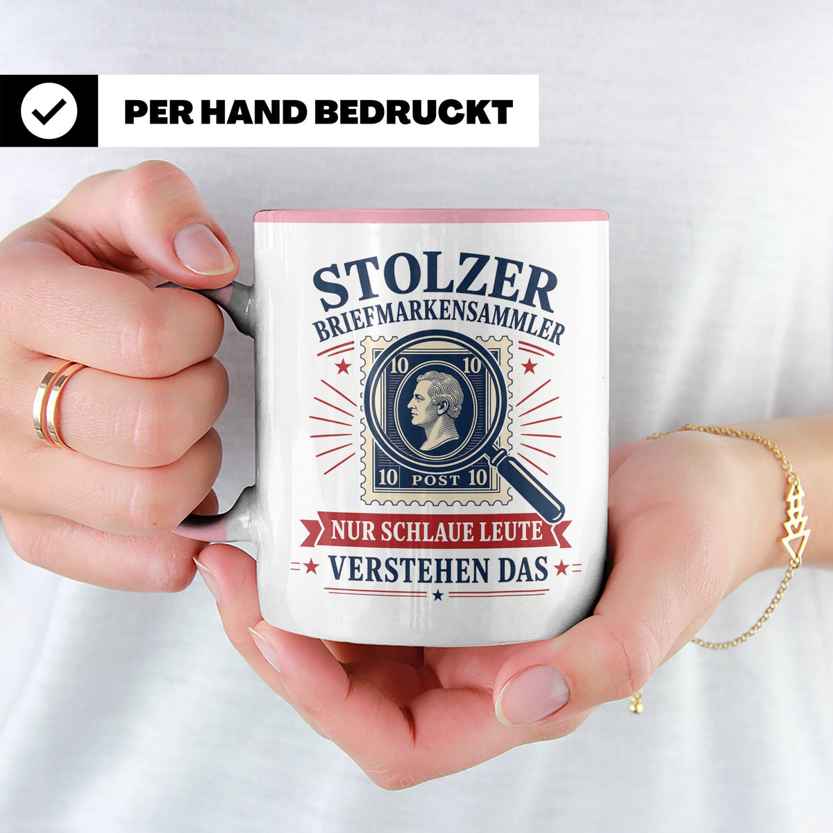 Briefmarken Tasse Stolzer Briefmarkensammler nur schlaue Leu – Rosa [farbe:rosa]