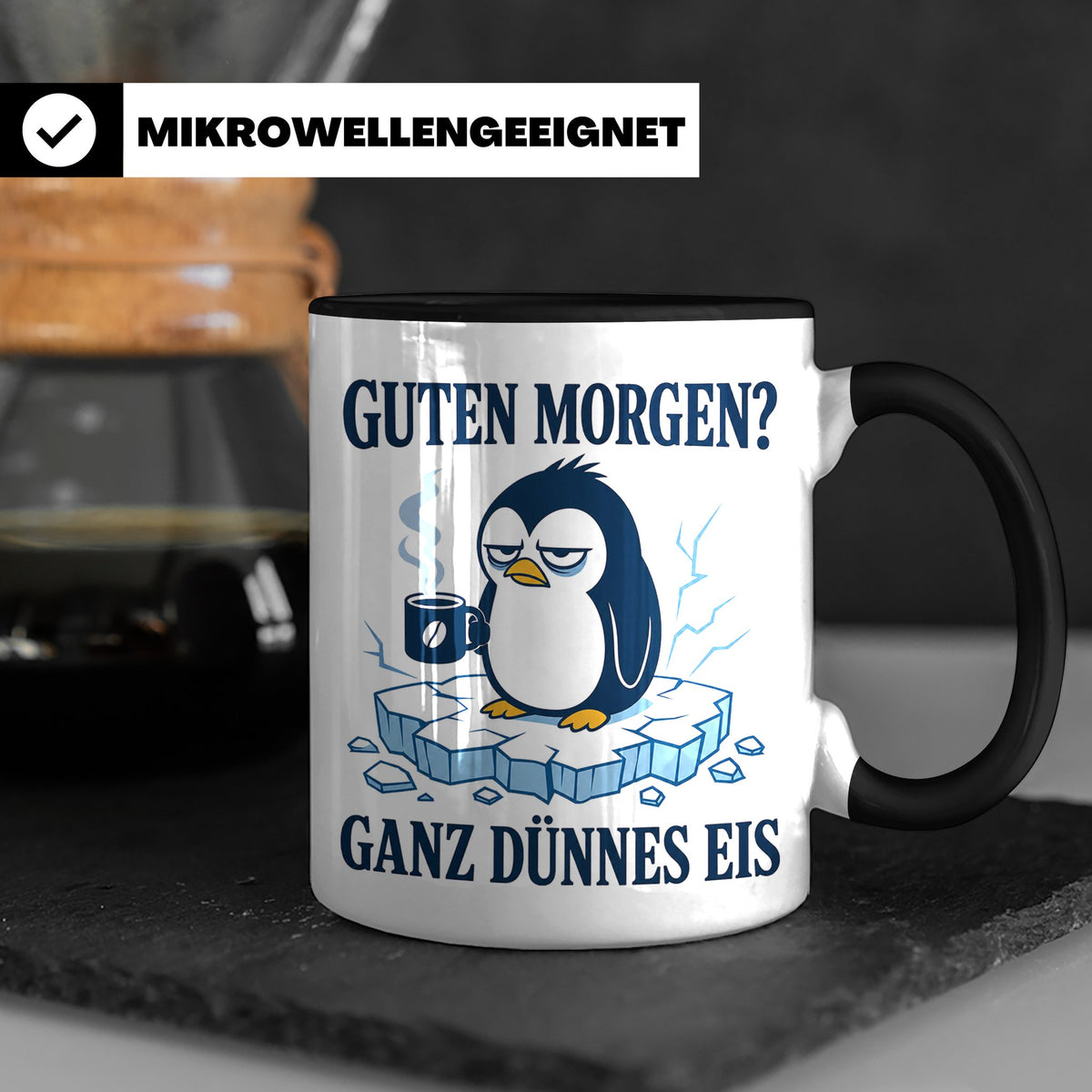 Pinguin Tasse Guten Morgen ganz dünnes Eis - Lustiges Gesche – Schwarz [farbe:schwarz]