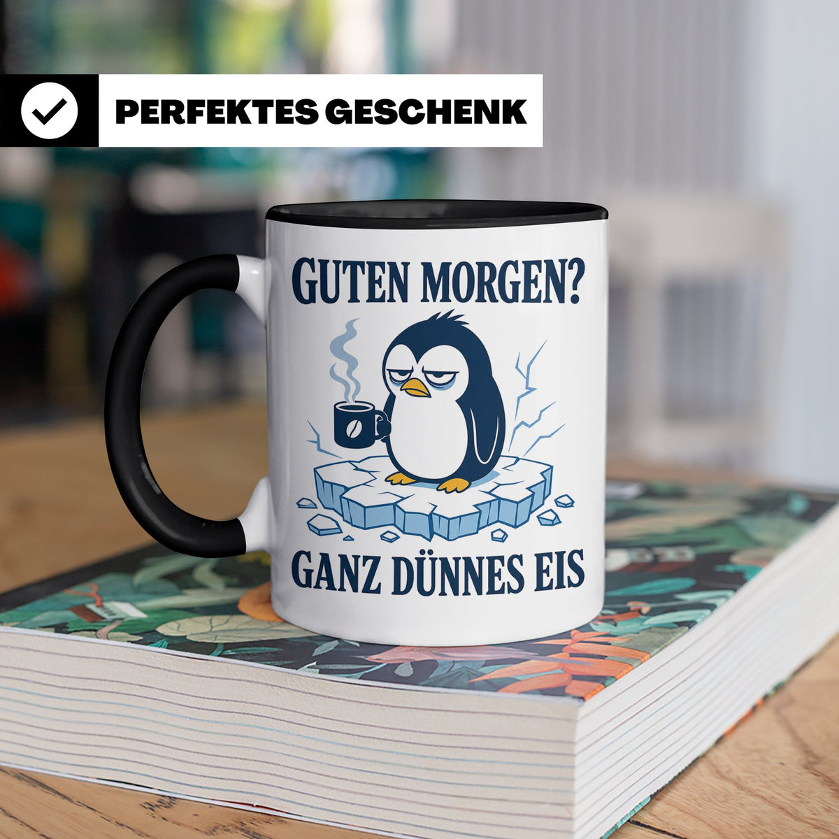Pinguin Tasse Guten Morgen ganz dünnes Eis - Lustiges Gesche – Schwarz [farbe:schwarz]