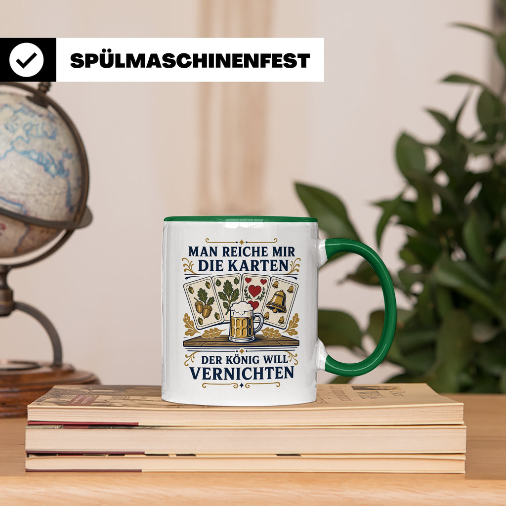 Schafkopf Tasse Man reiche mir die Karten - Lustiges Geschen – Grün [farbe:grün]