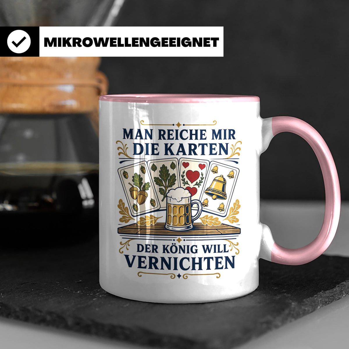 Schafkopf Tasse Man reiche mir die Karten - Lustiges Geschen – Rosa [farbe:rosa]