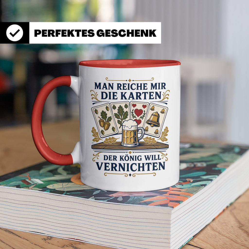 Schafkopf Tasse Man reiche mir die Karten - Lustiges Geschen – Rot [farbe:rot]