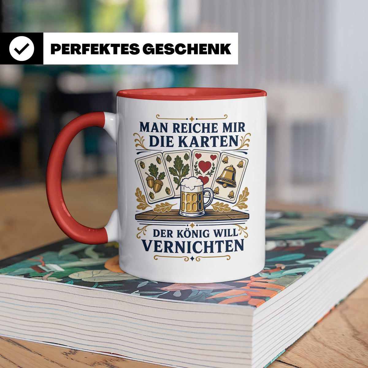 Schafkopf Tasse Man reiche mir die Karten - Lustiges Geschen – Rot [farbe:rot]