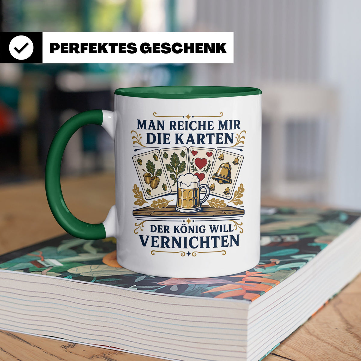 Schafkopf Tasse Man reiche mir die Karten - Lustiges Geschen – Grün [farbe:grün]