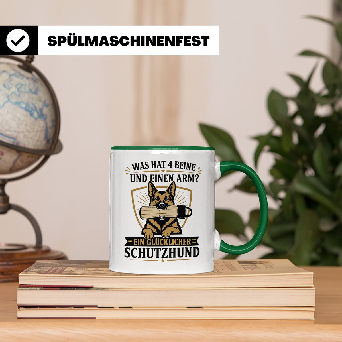 Schutzhund Tasse Was hat 4 Beine und einen Arm - Lustiges Ge – Grün [farbe:grün]