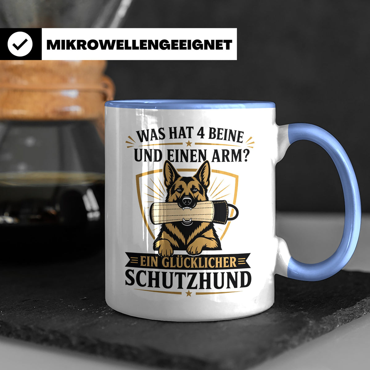 Schutzhund Tasse Was hat 4 Beine und einen Arm - Lustiges Ge – Blau [farbe:blau]