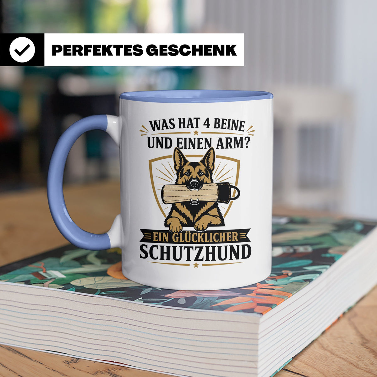 Schutzhund Tasse Was hat 4 Beine und einen Arm - Lustiges Ge – Blau [farbe:blau]