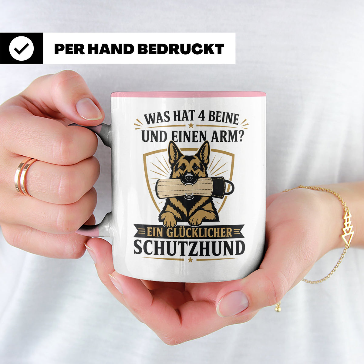 Schutzhund Tasse Was hat 4 Beine und einen Arm - Lustiges Ge – Rosa [farbe:rosa]