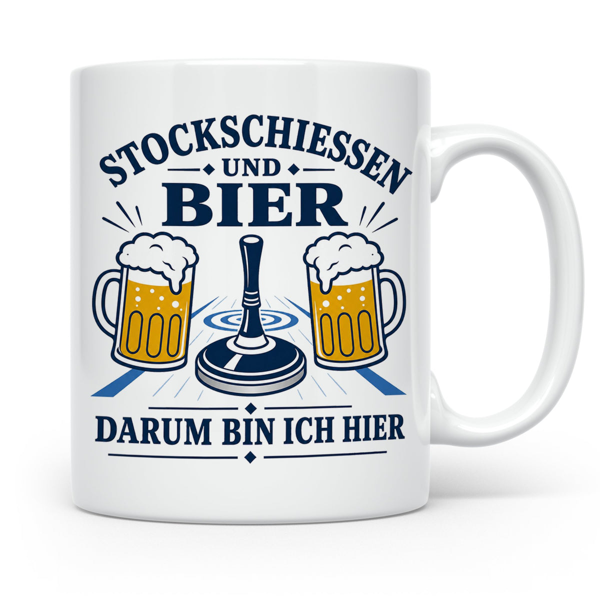 Eisstockschießen Tasse Stockschießen und Bier darum bin ich  – Weiß [farbe:weiß]
