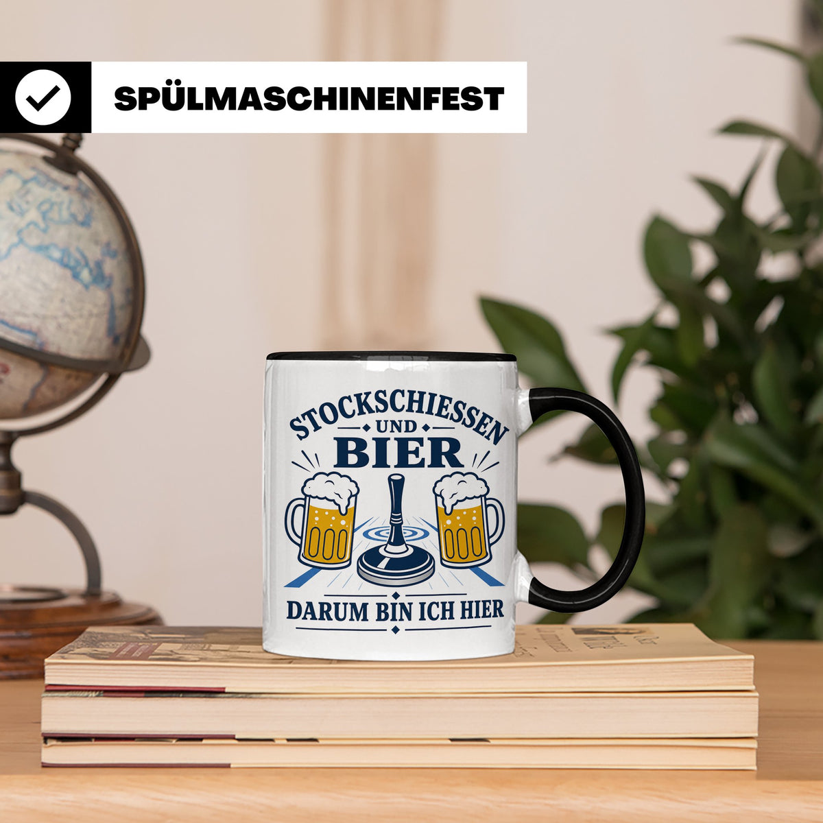 Eisstockschießen Tasse Stockschießen und Bier darum bin ich  – Schwarz [farbe:schwarz]