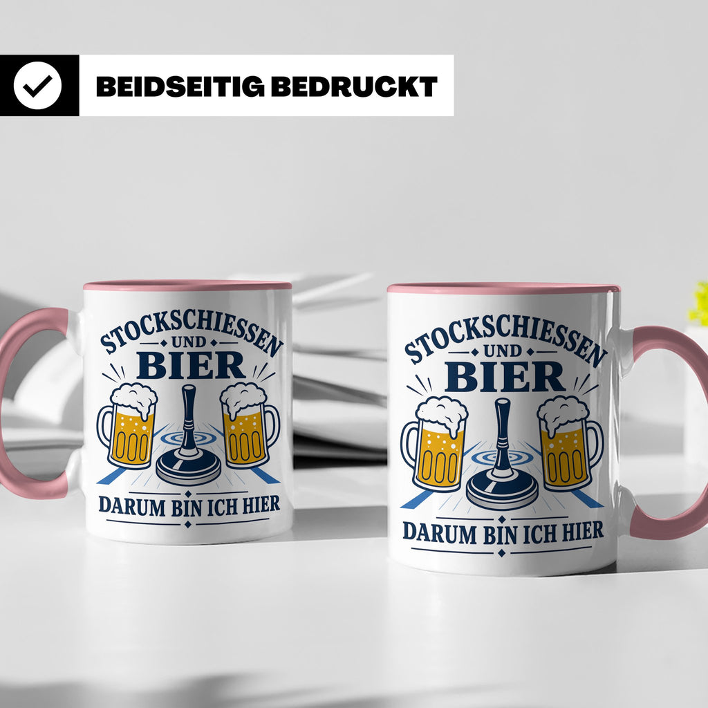 Eisstockschießen Tasse Stockschießen und Bier darum bin ich  – Rosa [farbe:rosa]