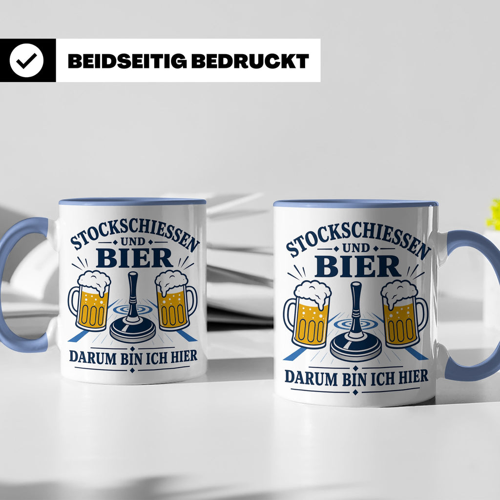 Eisstockschießen Tasse Stockschießen und Bier darum bin ich  – Blau [farbe:blau]