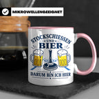 Eisstockschießen Tasse Stockschießen und Bier darum bin ich  – Rosa [farbe:rosa]