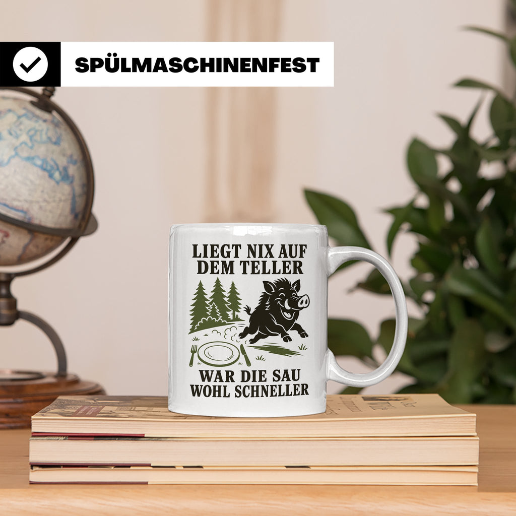 Jäger Tasse Liegt nix auf dem Teller war die Sau wohl schnel – Weiß [farbe:weiß]