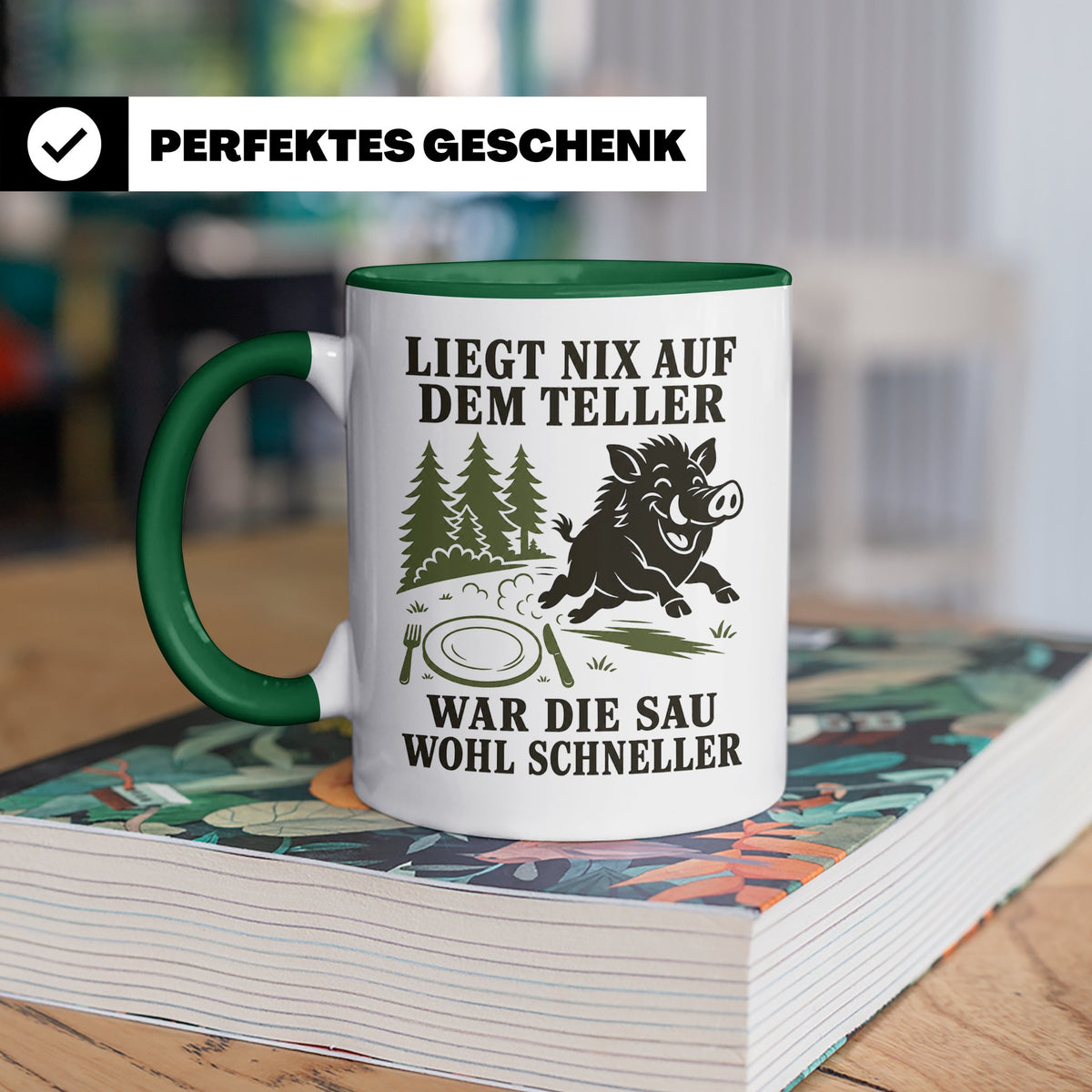 Jäger Tasse Liegt nix auf dem Teller war die Sau wohl schnel – Grün [farbe:grün]