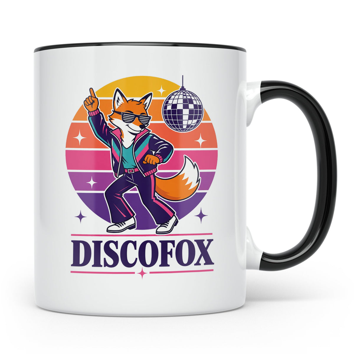 Discofox Tasse Tanzender Fuchs unter der Discokugel - Retro  – Schwarz [farbe:schwarz]