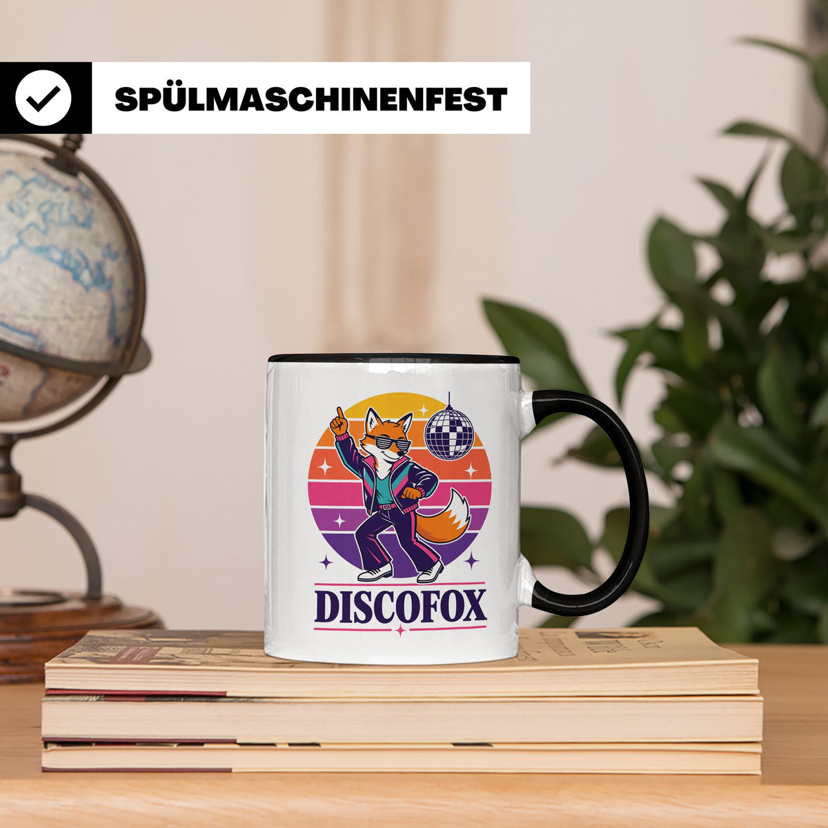 Discofox Tasse Tanzender Fuchs unter der Discokugel - Retro  – Schwarz [farbe:schwarz]