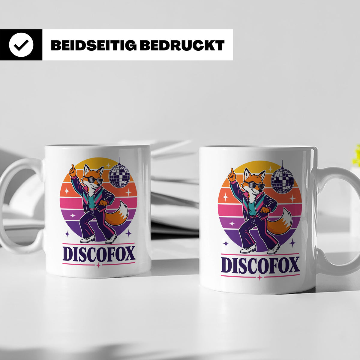 Discofox Tasse Tanzender Fuchs unter der Discokugel - Retro  – Weiß [farbe:weiß]