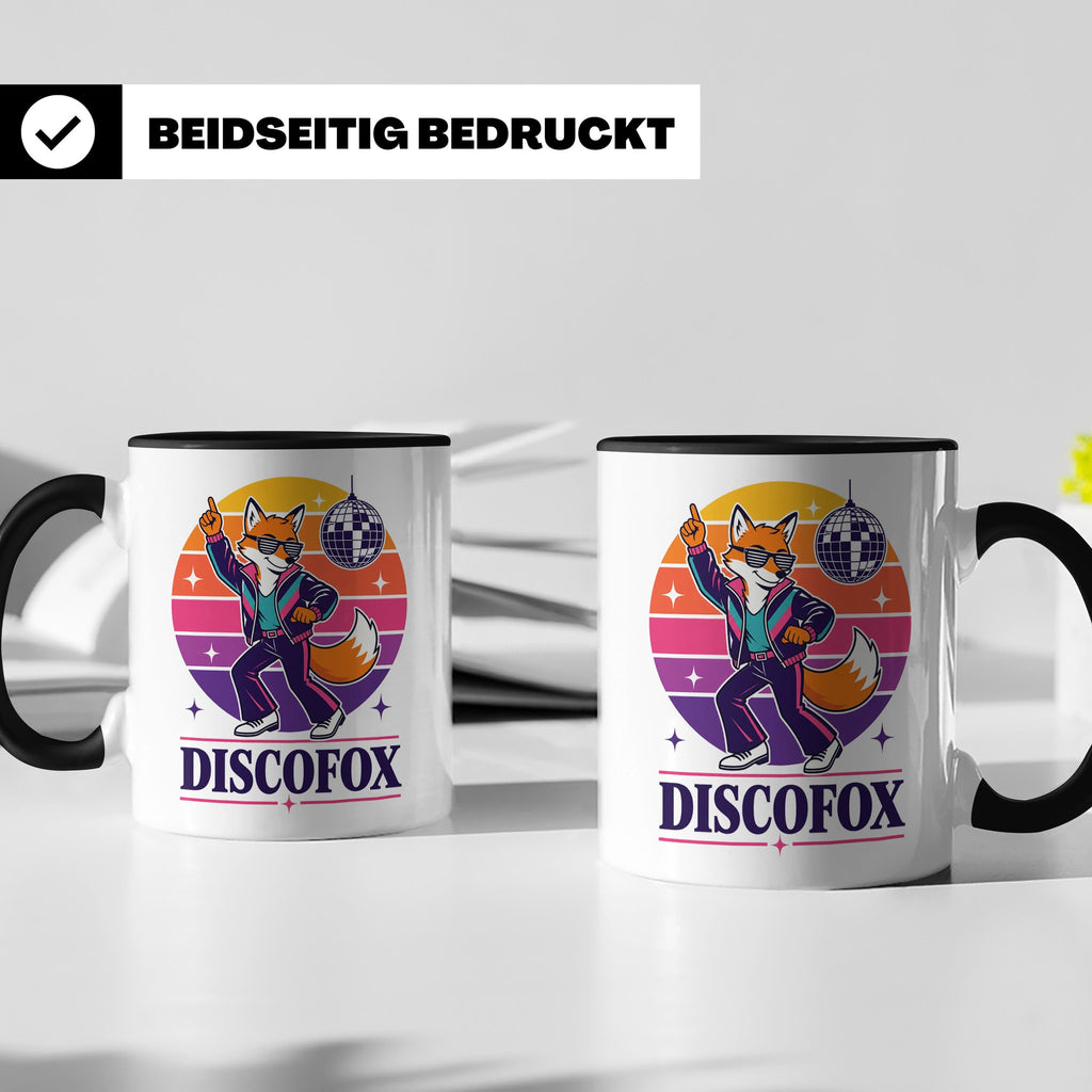 Discofox Tasse Tanzender Fuchs unter der Discokugel - Retro  – Schwarz [farbe:schwarz]