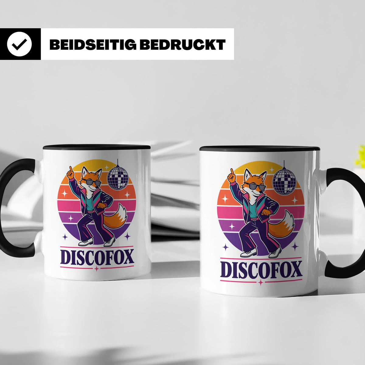 Discofox Tasse Tanzender Fuchs unter der Discokugel - Retro  – Schwarz [farbe:schwarz]