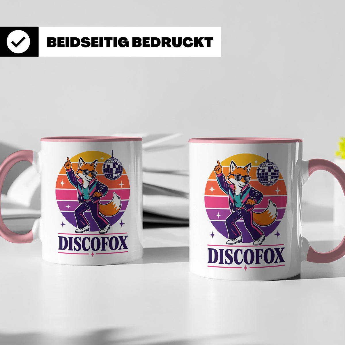 Discofox Tasse Tanzender Fuchs unter der Discokugel - Retro  – Rosa [farbe:rosa]
