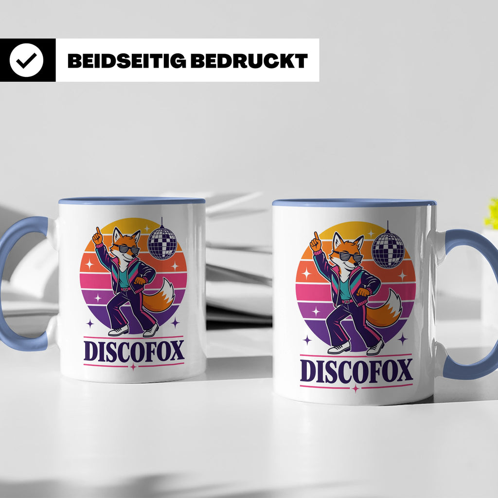 Discofox Tasse Tanzender Fuchs unter der Discokugel - Retro  – Blau [farbe:blau]