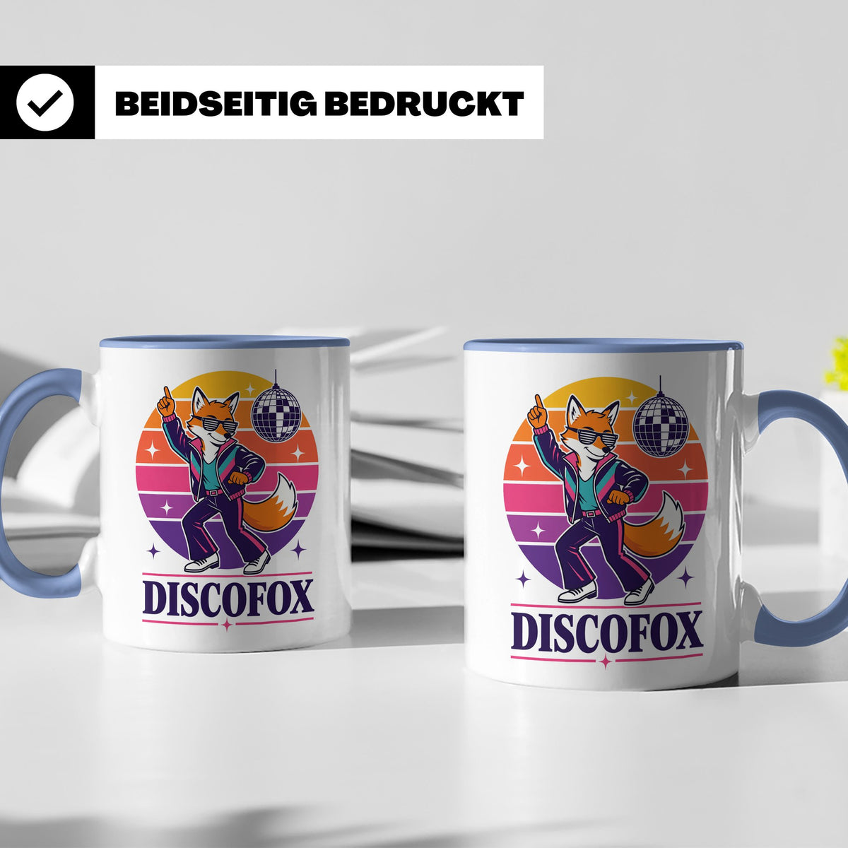 Discofox Tasse Tanzender Fuchs unter der Discokugel - Retro  – Blau [farbe:blau]